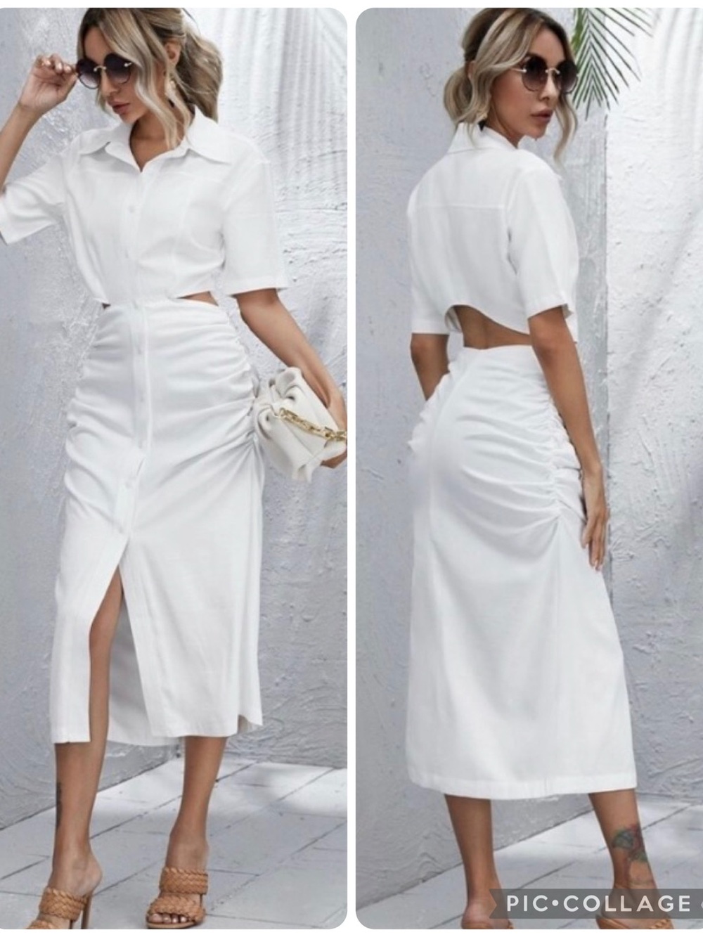 Button Front Ruched Detail Cut Out Shirt Dress. NWOT
